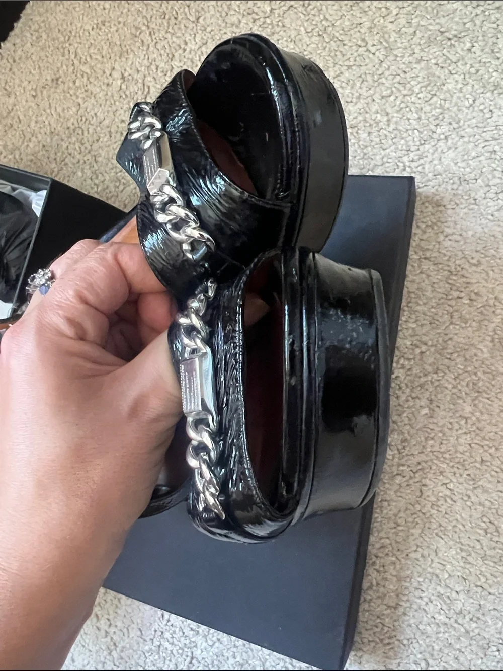Marc Jacobs Black Patent Platform Sandals with Silver Chain